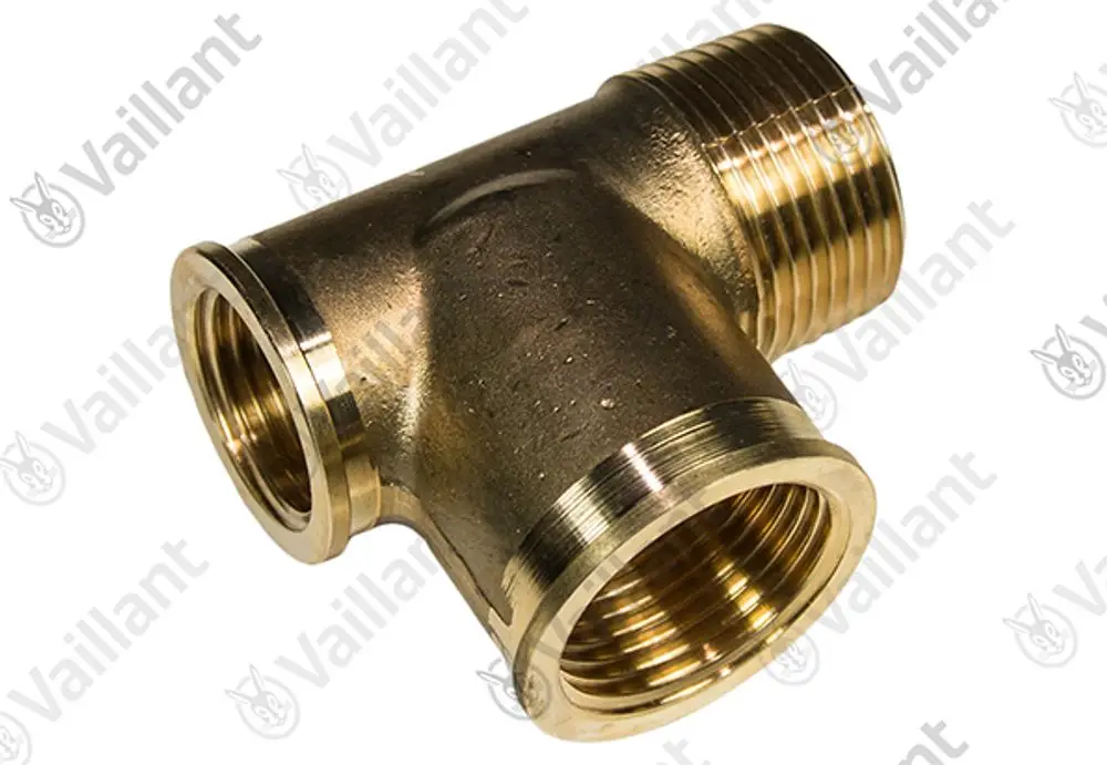 Vaillant T-Stück aus Messing mit Gewindeanschlüssen an drei Seiten, geeignet für Heizungs- oder Speicheranwendungen.